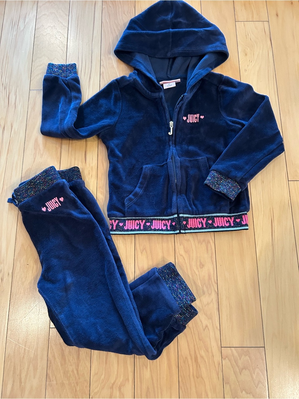 Juicy Couture Girls' Navy Blue Velour Hoodie & Joggers Set with Pink Logo Trim